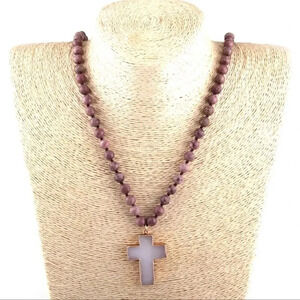 Natural Pink Agate Cross Pendant Necklace